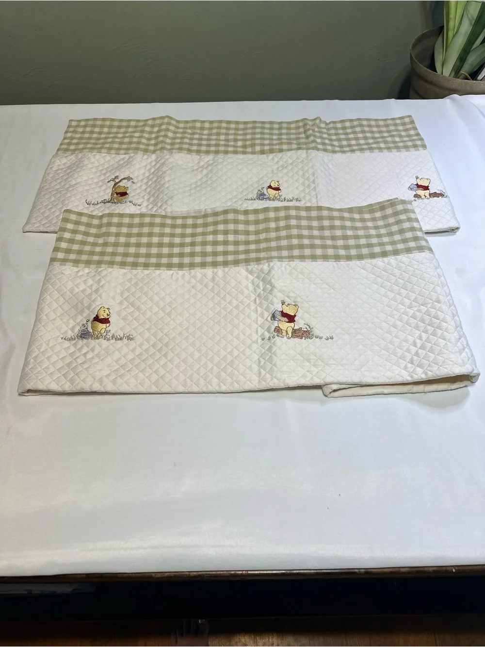 Quilted Winnie the Pooh patchwork window valances  in White and Sage Green